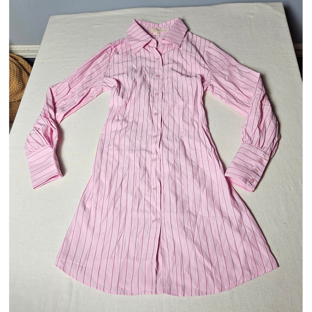 Fanco Pink Striped Long Sleeve Button Down Shirt Dress Smocked Waist Small